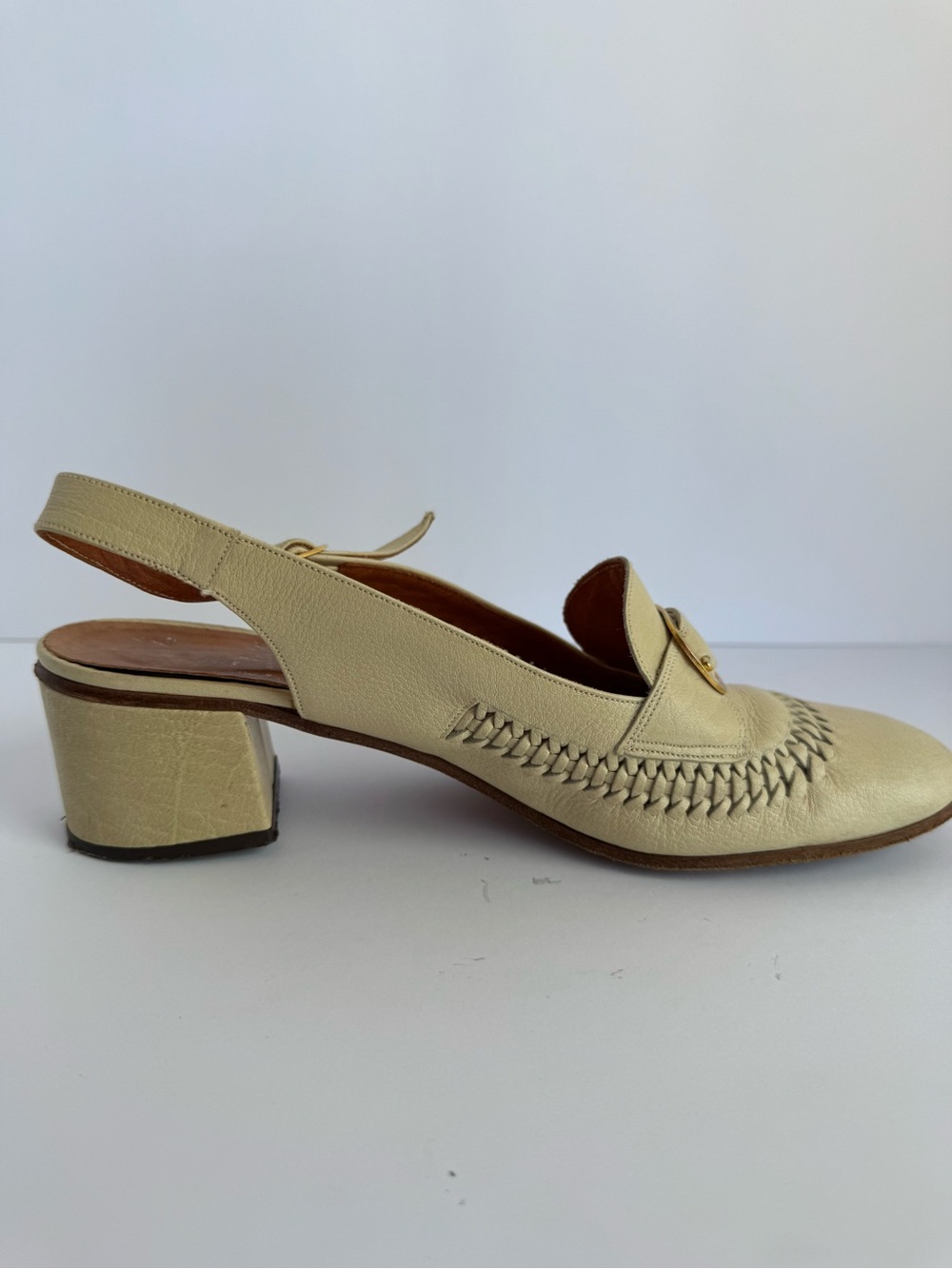 Clarks 70s Italian Leather Slingback Shoes 7.5 Narrow Block Heel Square Woven - Picture 9 of 14